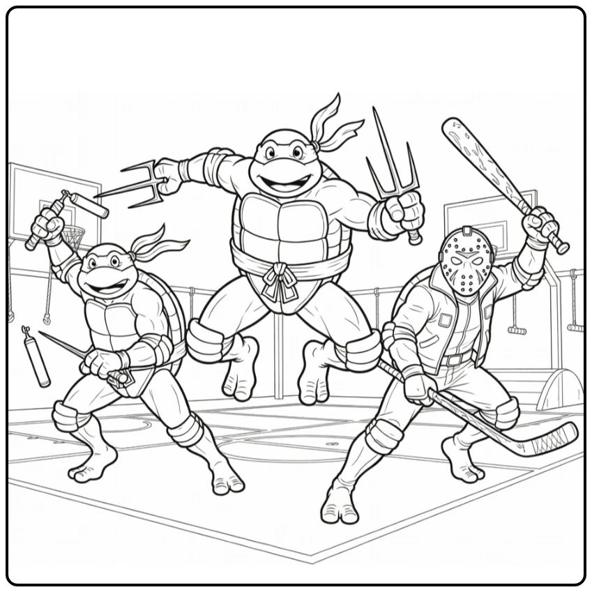 Ninja turtles kleurplaat: Raphael springt vooruit in actie