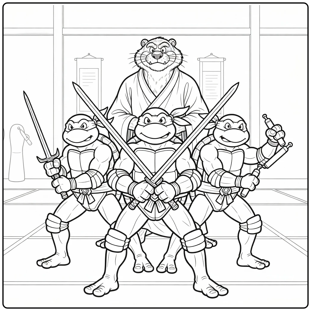 Ninja turtles kleurplaat: Leonardo centraal met broers en Splinter