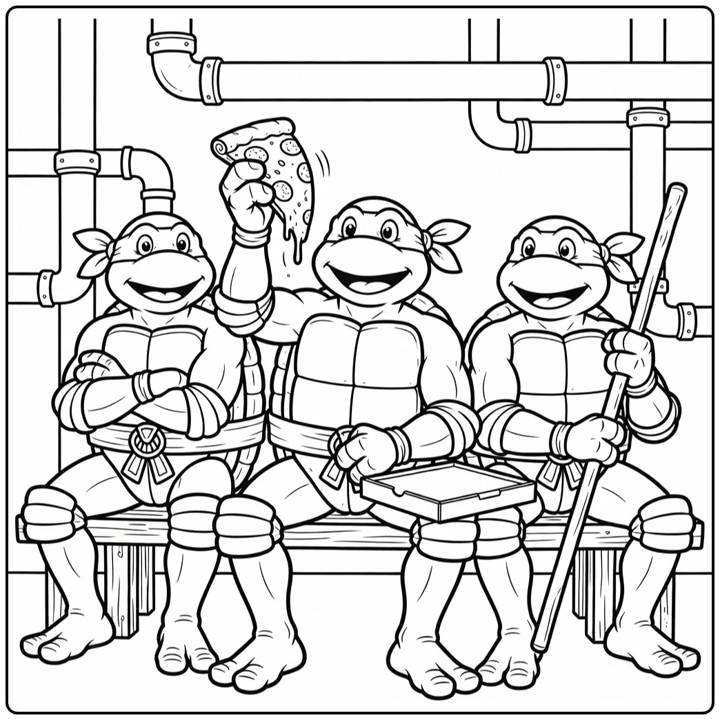Ninja Turtles kleurplaat: Michelangelo eet pizza met Raphael en Donatello