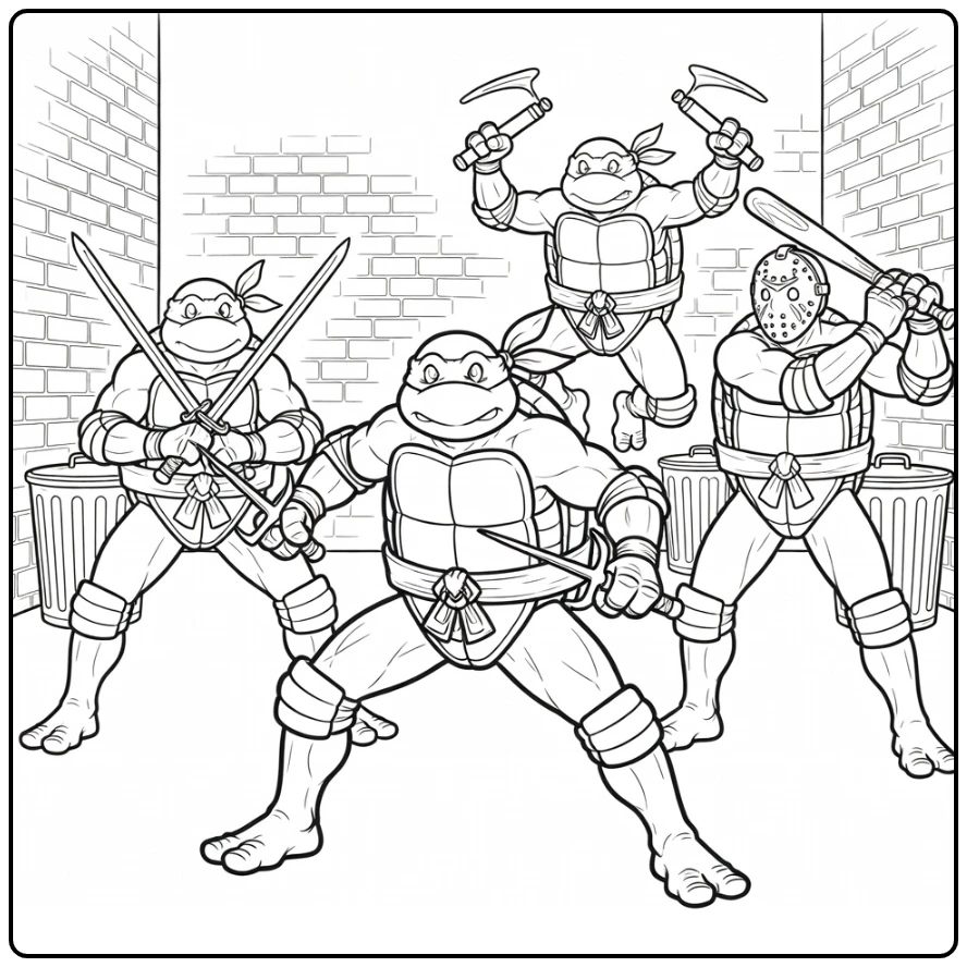 Ninja turtles kleurplaat: Raphael vechtpositie met team