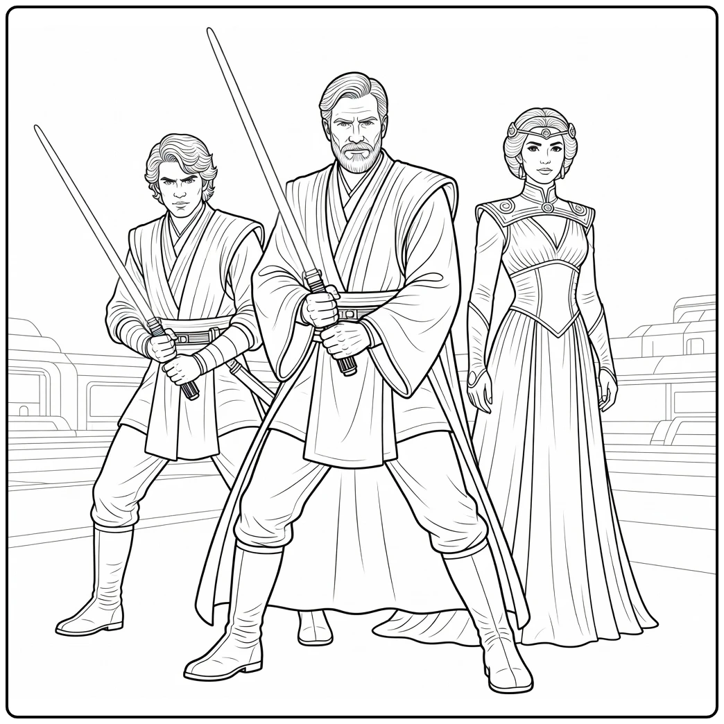 Star Wars kleurplaat Obi-Wan Kenobi met Anakin en Padmé
