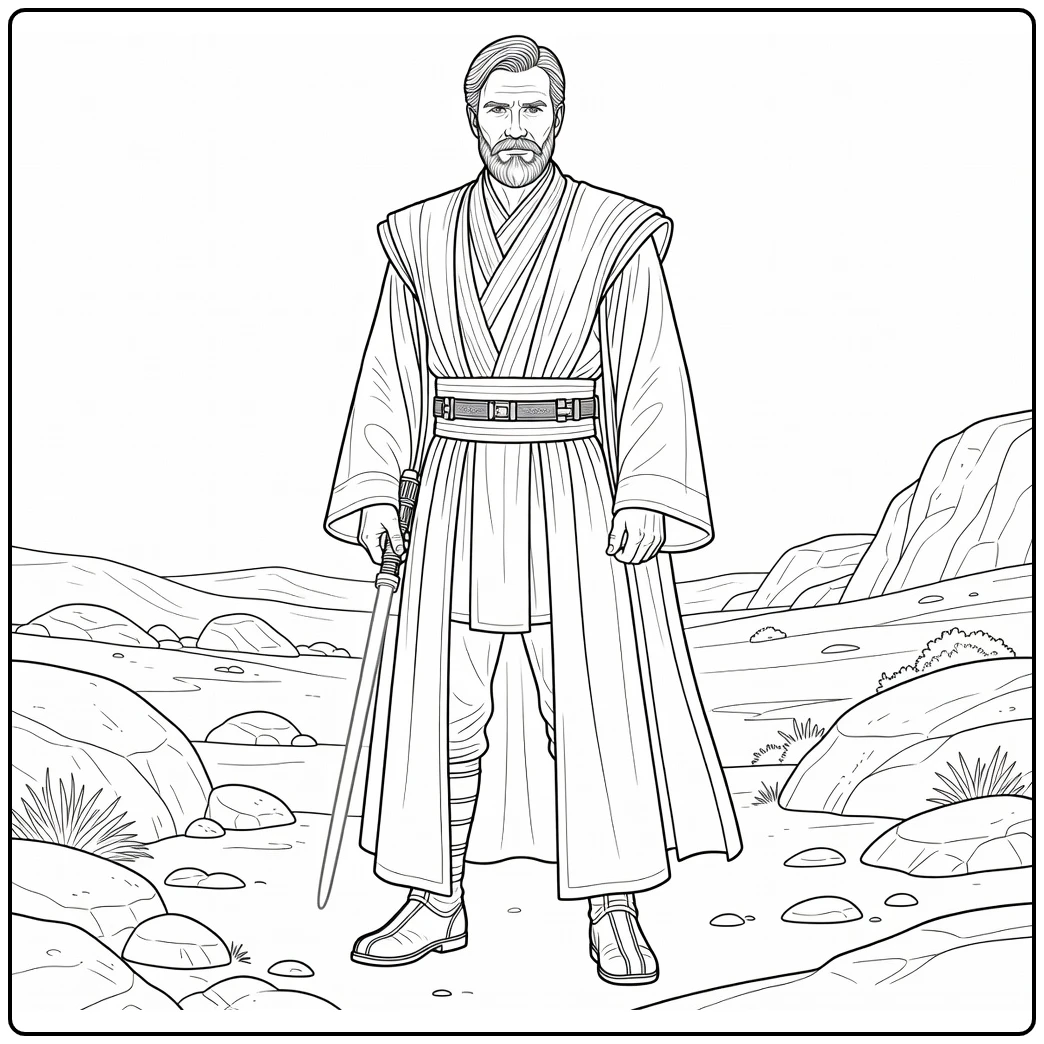 Obi-Wan Kenobi Kleurplaat: heroïsche pose met lichtzwaard