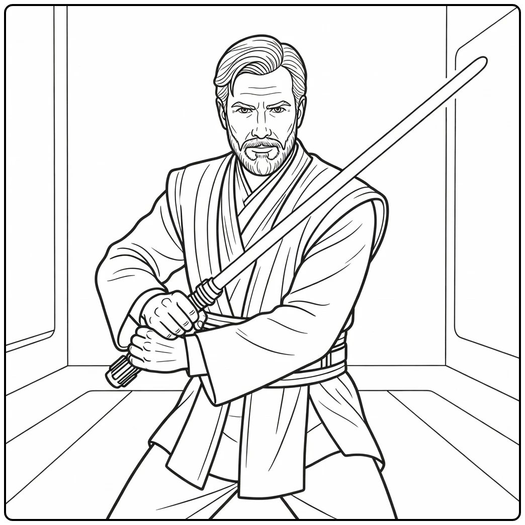 Obi-Wan Kenobi Kleurplaat: verdedigende lichtzwaardhouding