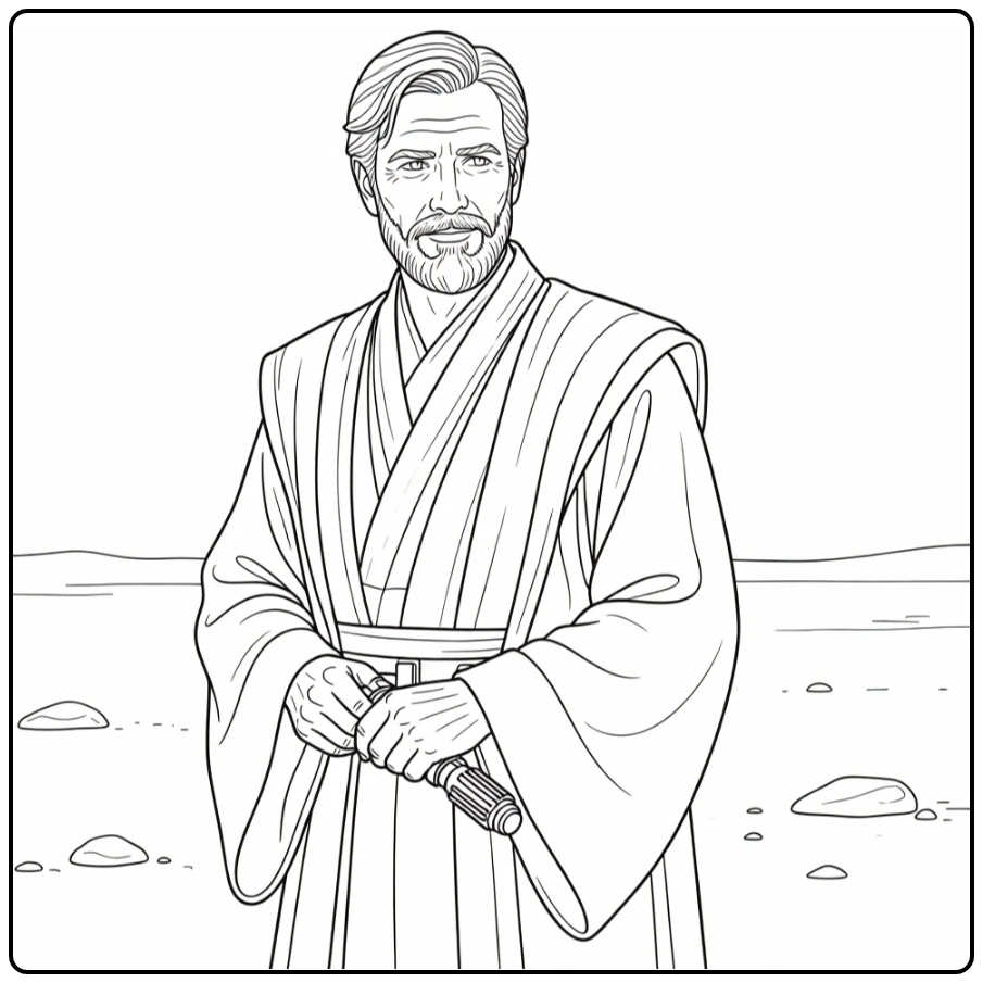 Obi-Wan Kenobi Kleurplaat met hand op lightsaber en robe
