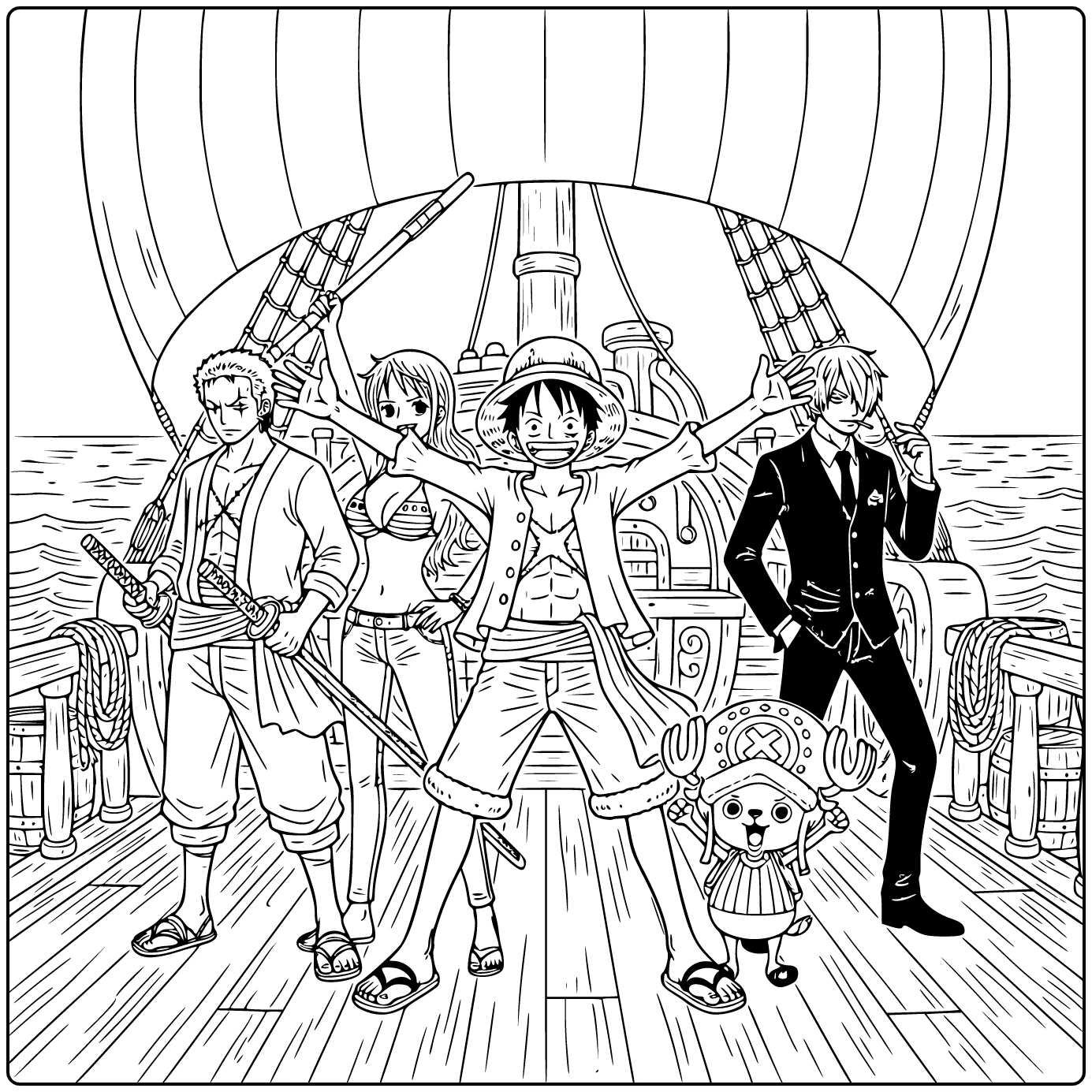 Cartoon kleurplaat One Piece Luffy Zoro Nami Sanji Chopper op rand