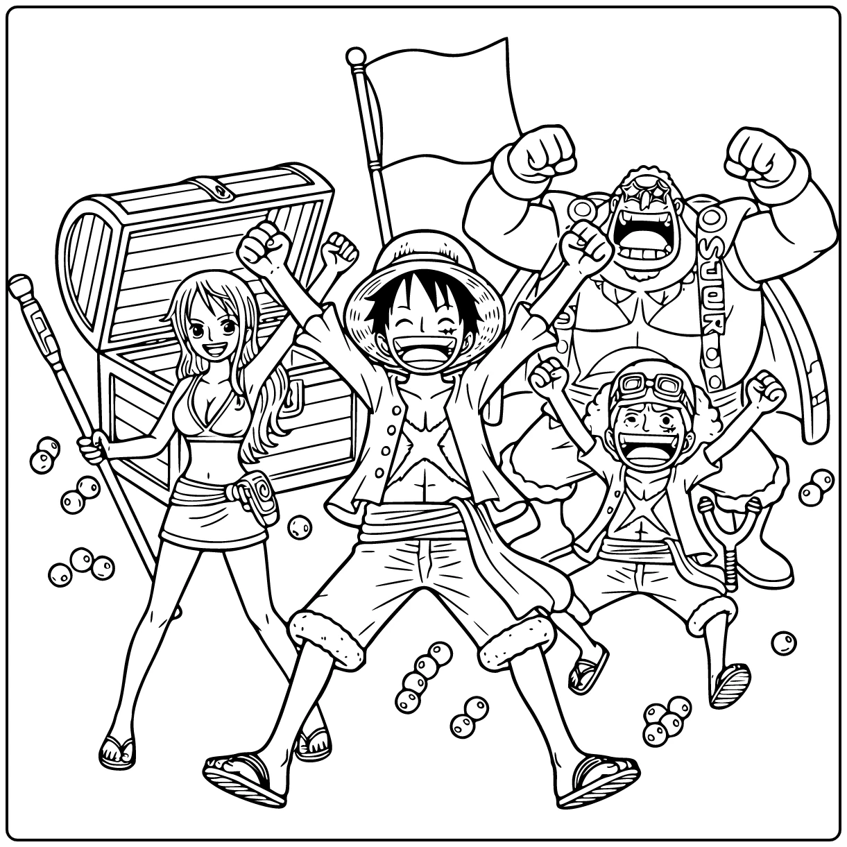 One Piece kleurplaat: Luffy viert victorie met Nami & Usopp