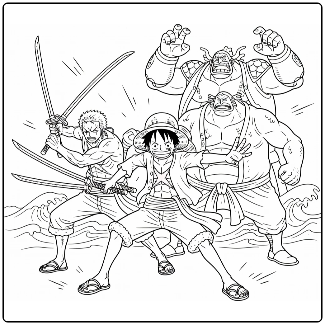 One Piece kleurplaat: Luffy actie met Zoro, Jinbe, Franky