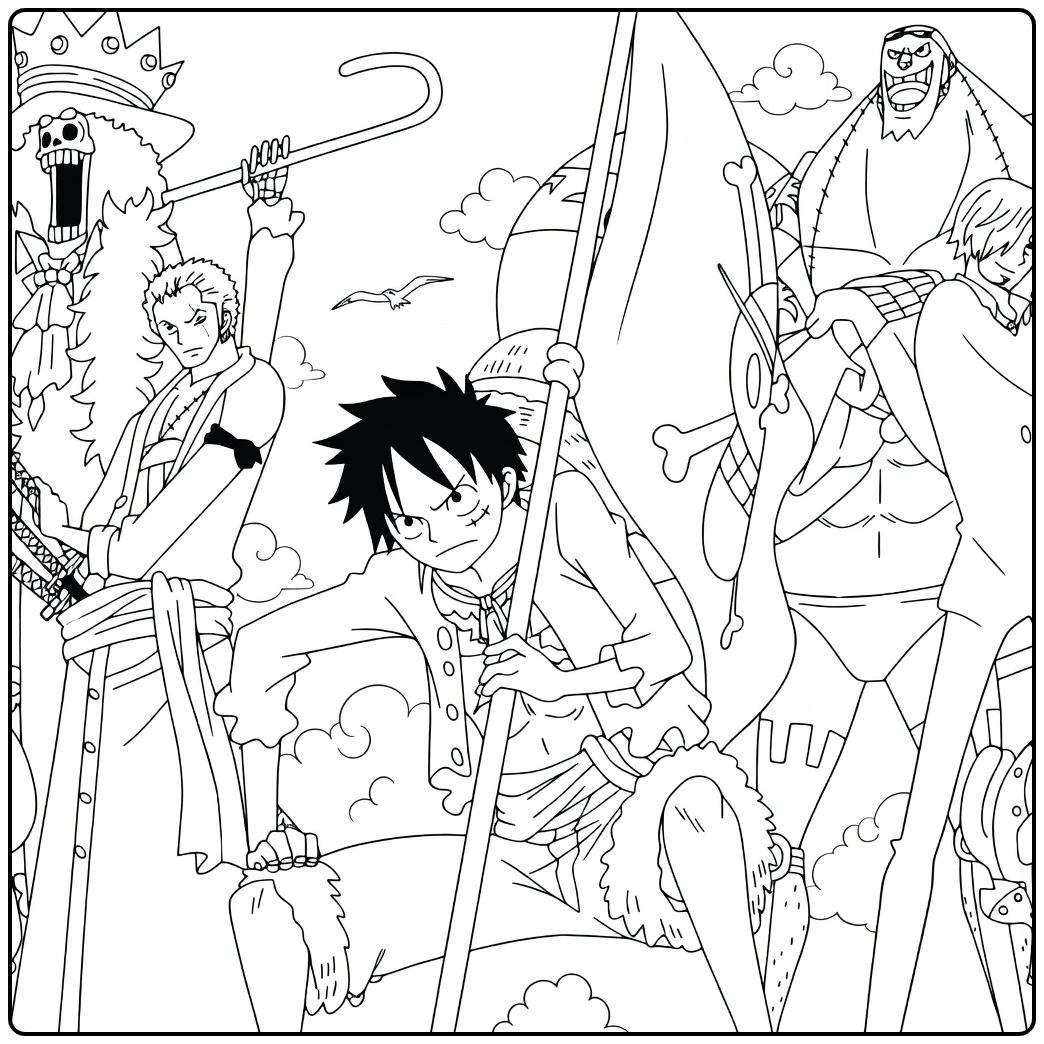 One piece kleurplaat Luffy en Strohoed-piraten met vlag