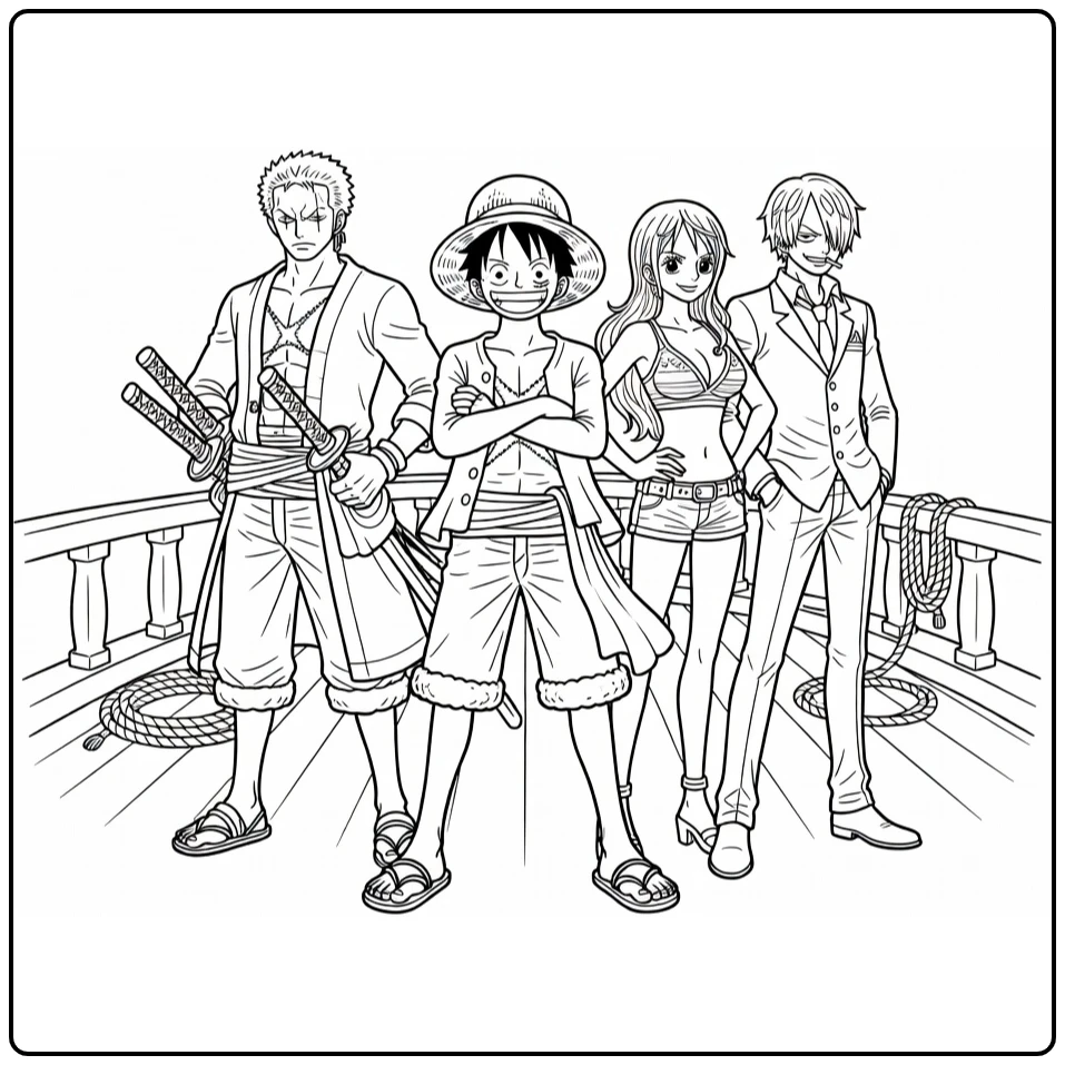 One Piece kleurplaat: Luffy met Zoro, Nami, Sanji op Thousand Sunny