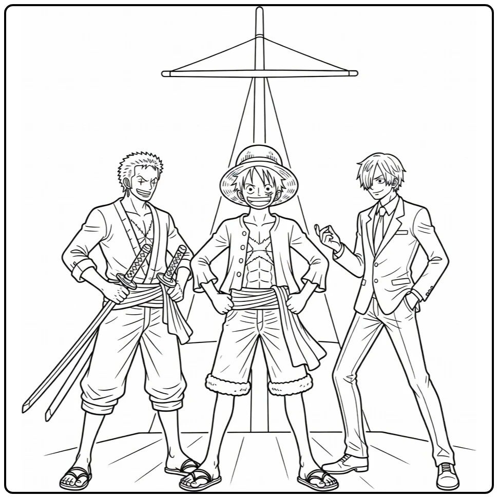 One Piece kleurplaat: Luffy met strohoed, Zoro en Sanji
