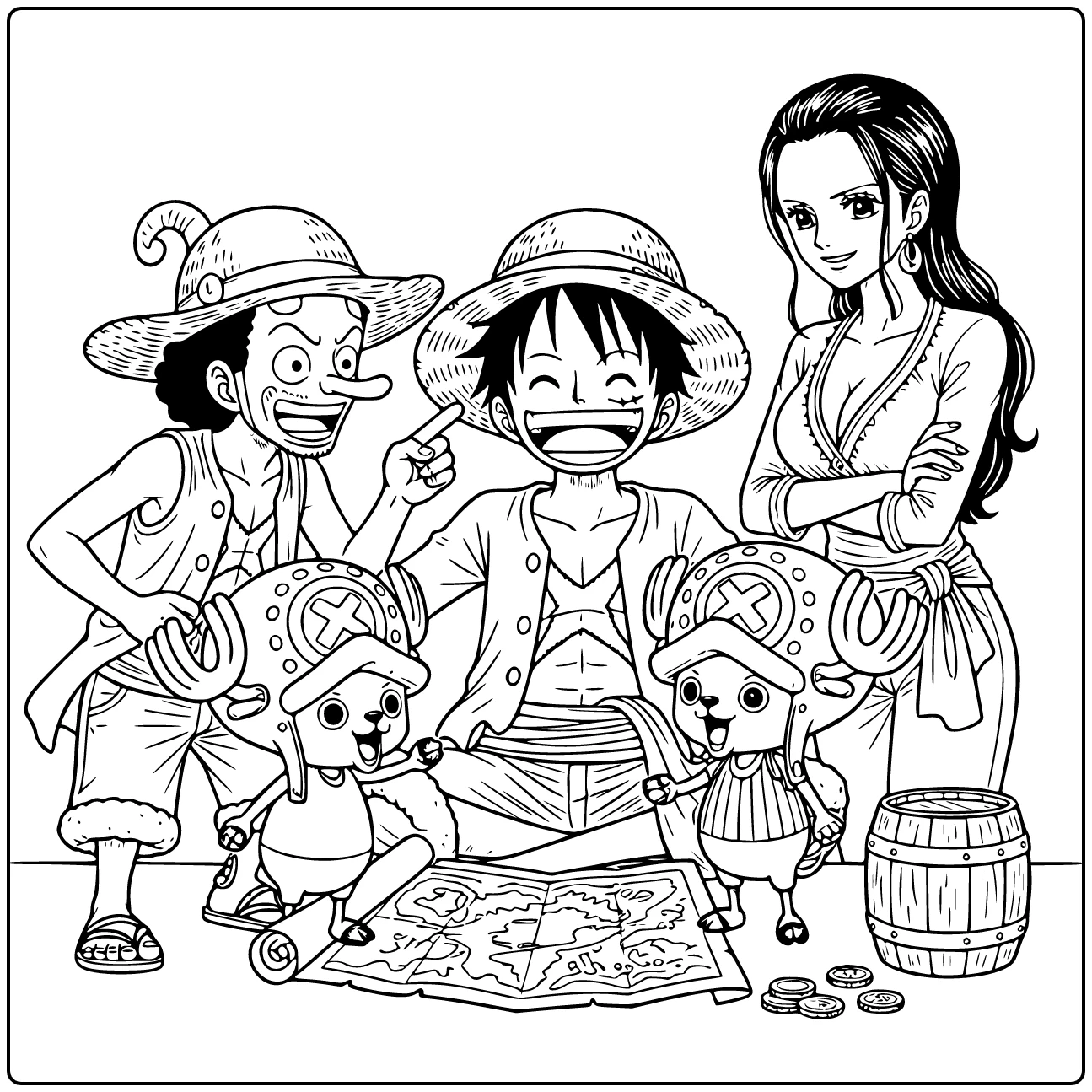 One Piece kleurplaat: Luffy lacht vrolijk met Usopp en Chopper