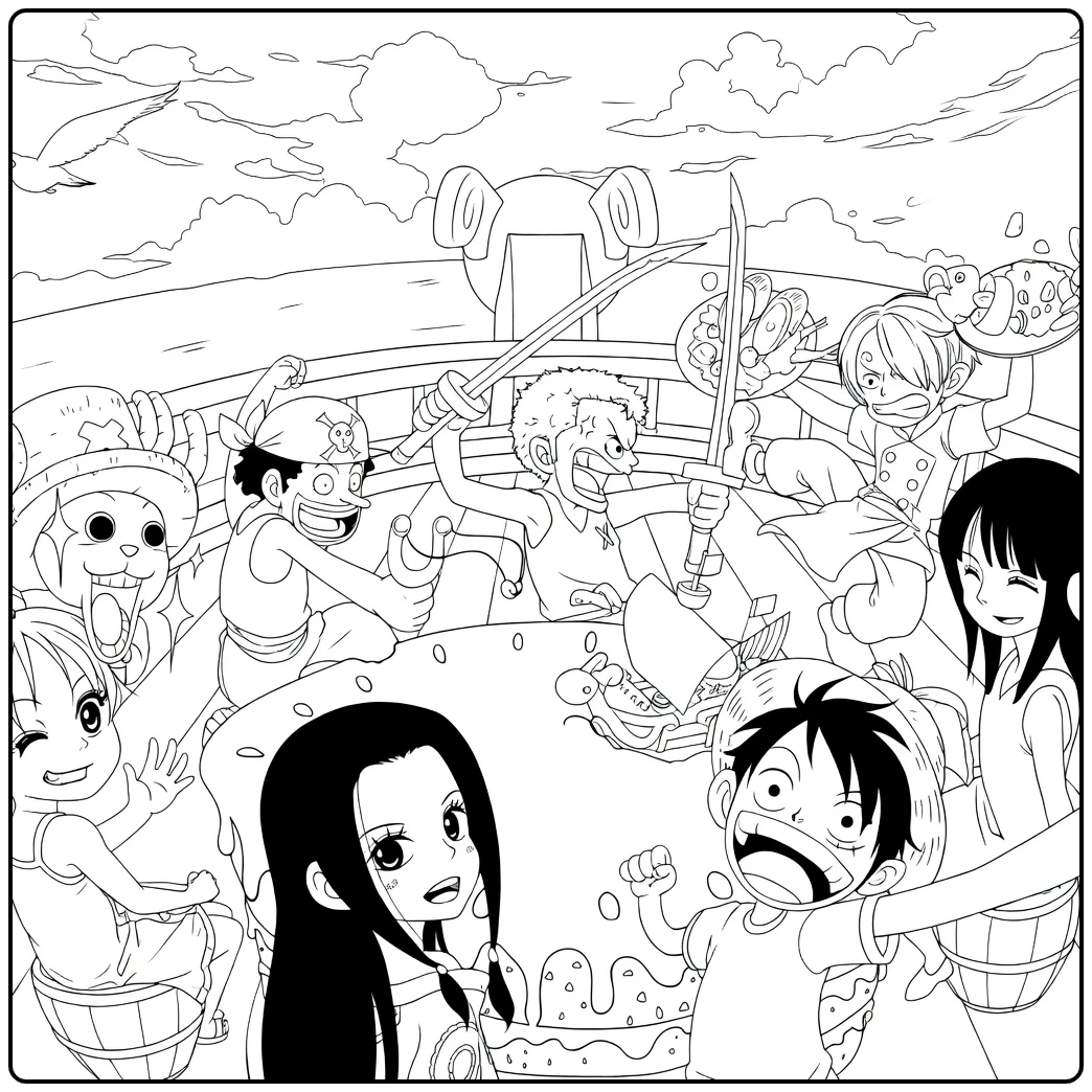 One Piece kleurplaat Straw Hats met Luffy bij taart op schip