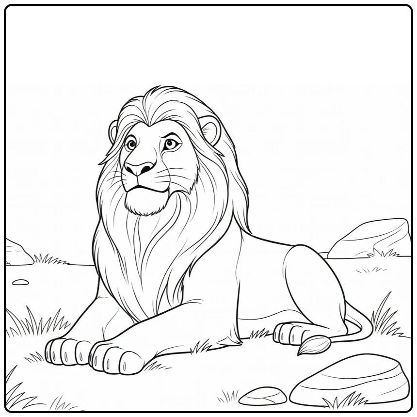 Mufasa kleurplaat: liggende leeuw met nobele blik over koninkrijk