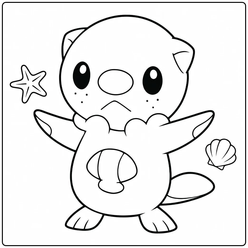 Oshawott Water Pokemon Kleurplaat met schelp en sterren