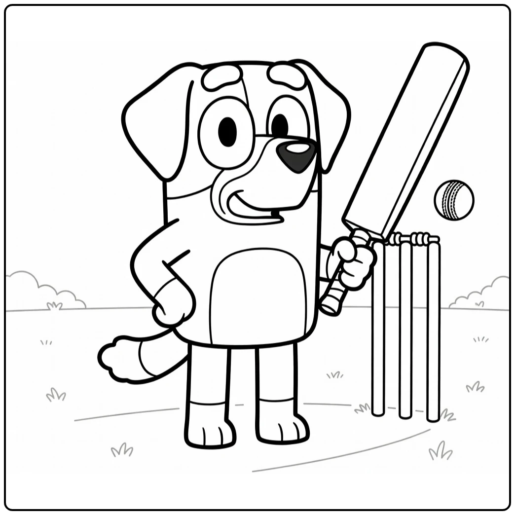 Pat Bluey kleurplaat: Pat speelt cricket in achtertuin met bat