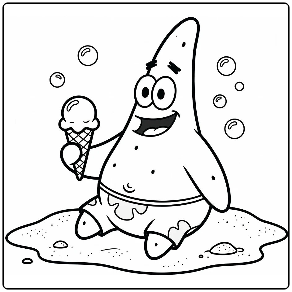 Patrick Star Kleurplaat: vrolijk met ijsje op zand