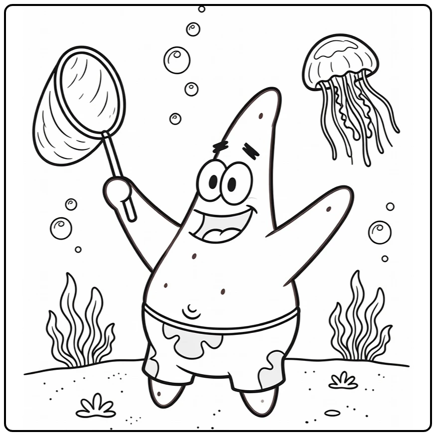 Patrick Star Kleurplaat: vrolijk met net en kwal op zeebodem