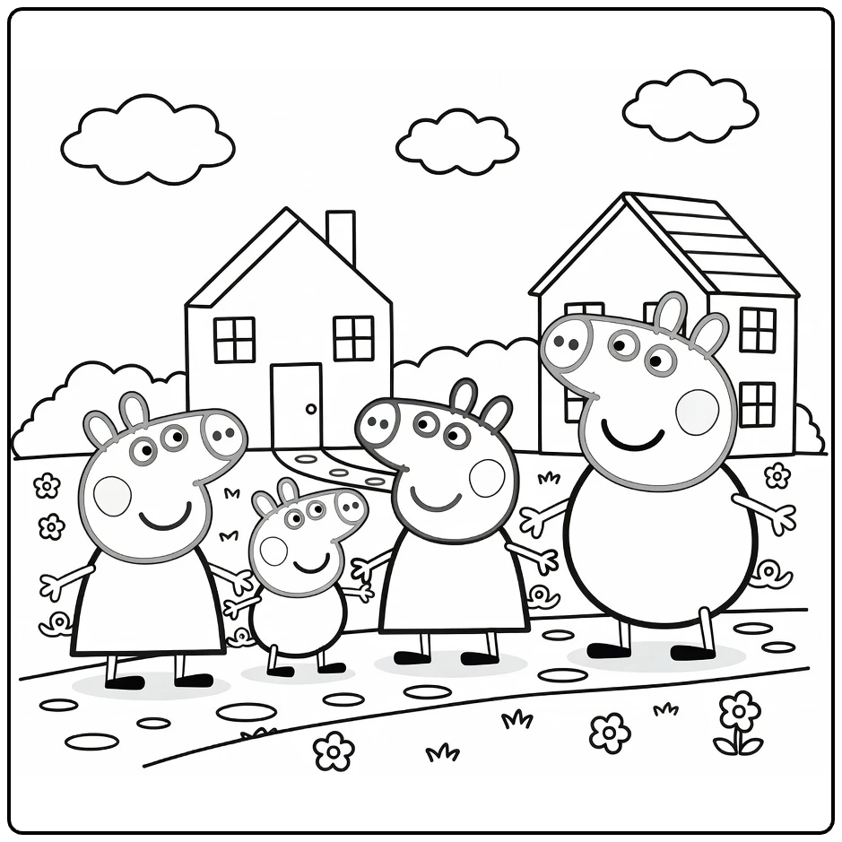 peppa pig familie kleurplaat: familie hand in hand bij huis