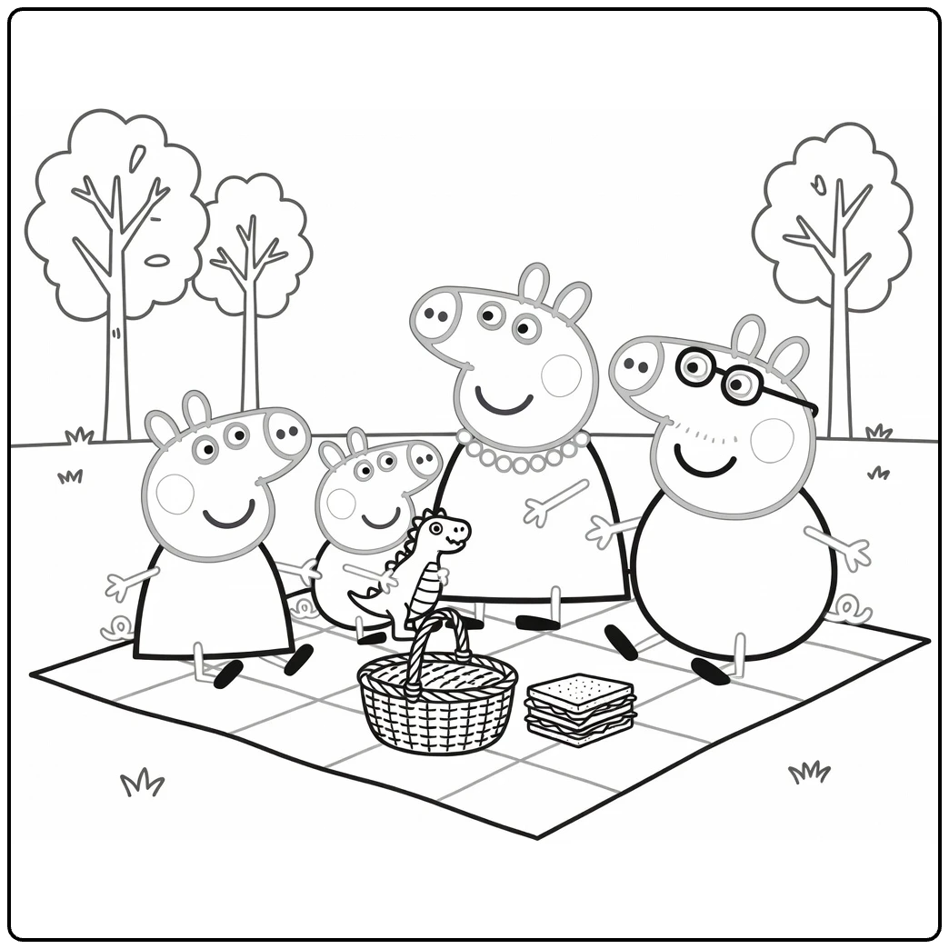 peppa pig familie kleurplaat: picknick met mand en broodjes
