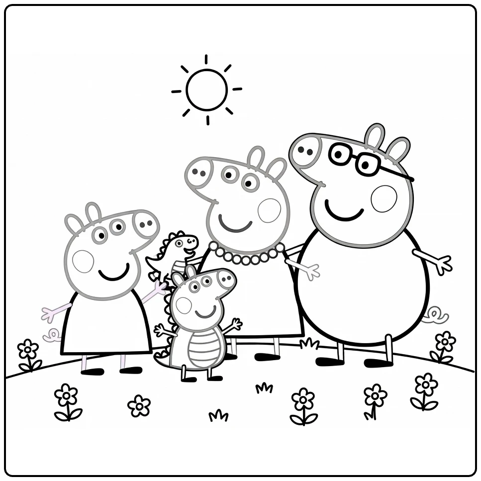 Peppa Pig familie kleurplaat op grasheuvel met bloemen en zon