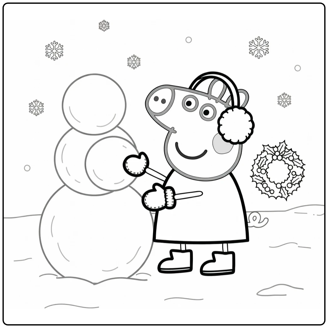 peppa pig kerst kleurplaat sneeuwman bouwen oorwarmers wanten