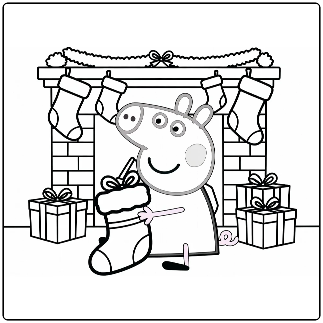 peppa pig kerst kleurplaat Peppa bij haard met kerstsok