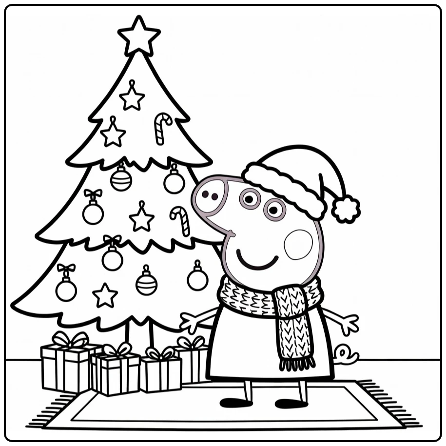 peppa pig kerst kleurplaat Peppa met kerstmuts sjaal bij boom