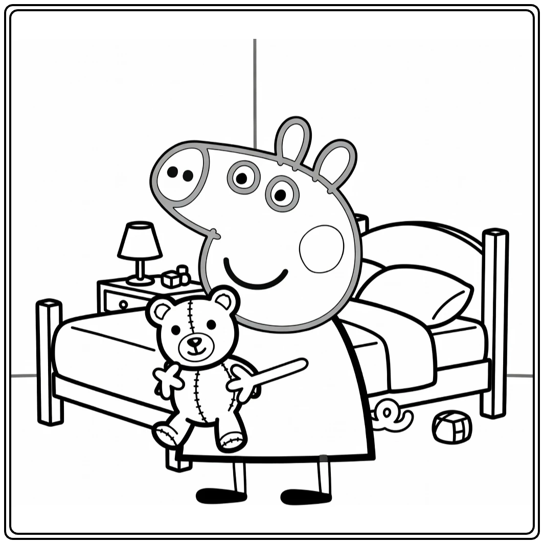 Peppa Pig kleurplaat: Peppa met teddybeer in slaapkamer