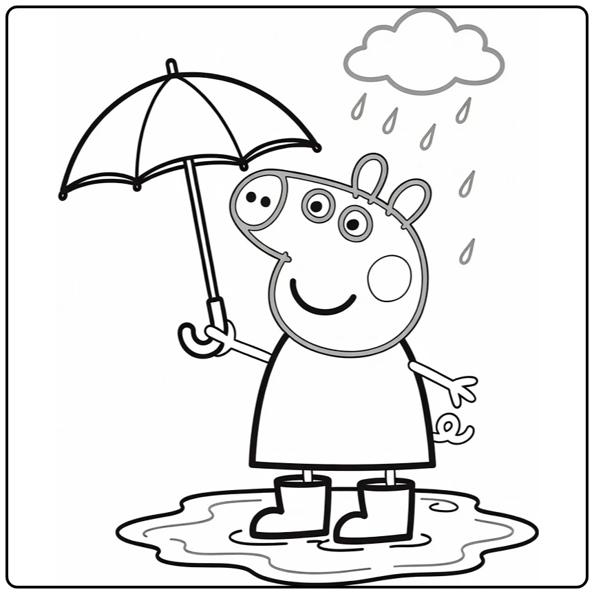 Peppa Pig kleurplaat: Peppa in modderpoel met laarzen