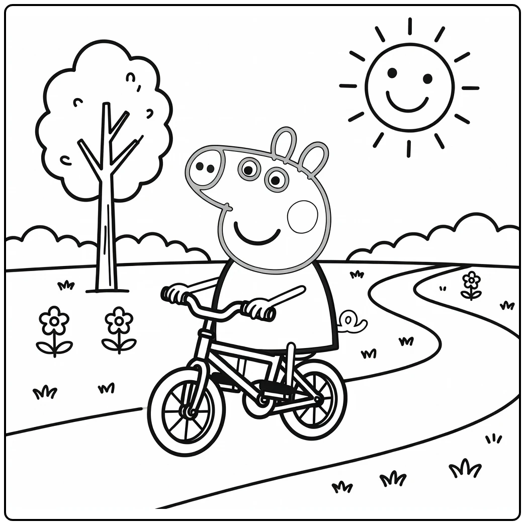 peppa pig kleurplaat: Peppa fietst in park met bloemen zon