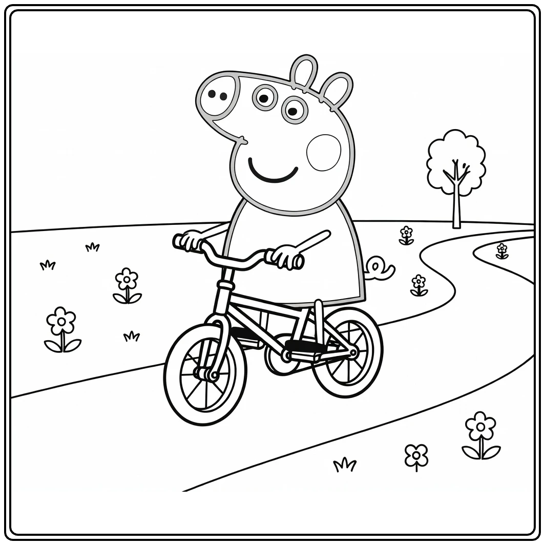 peppa pig kleurplaat Peppa fietst vrolijk in park