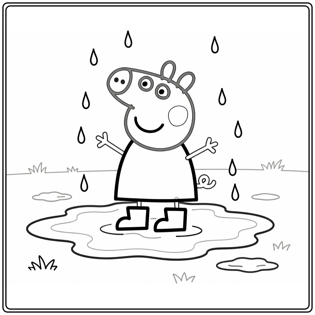 Peppa Pig kleurplaat: Peppa in modderpoel met regenlaarzen lachend