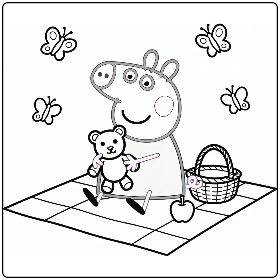 Peppa Pig kleurplaat: picknick met teddybeer, mandje en appel
