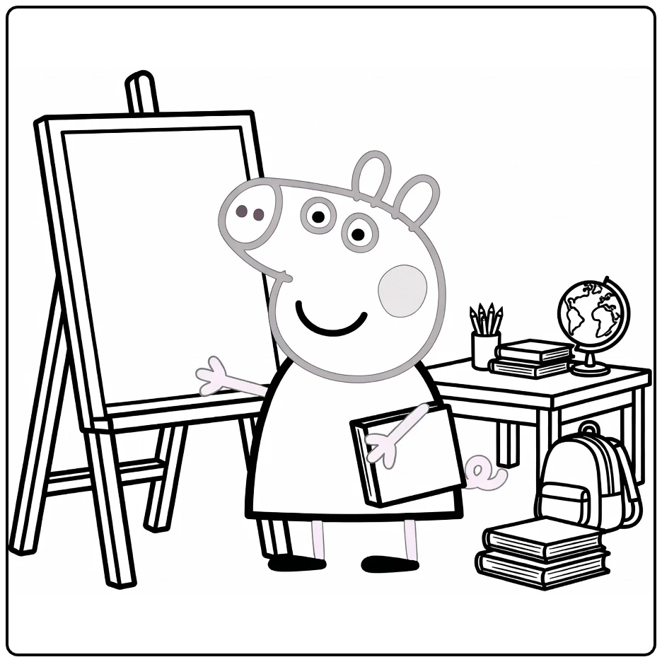 Peppa Pig kleurplaat school: Peppa met boek bij ezel