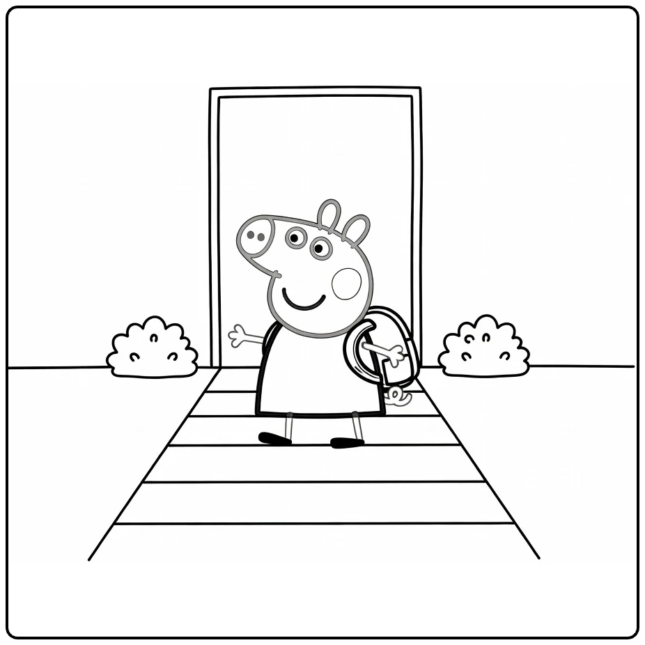 Peppa Pig kleurplaat school: Peppa met rugzak naar ingang