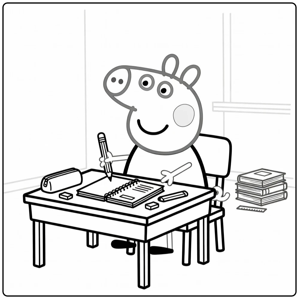 peppa pig kleurplaat school: Peppa aan bureau met potlood lachend