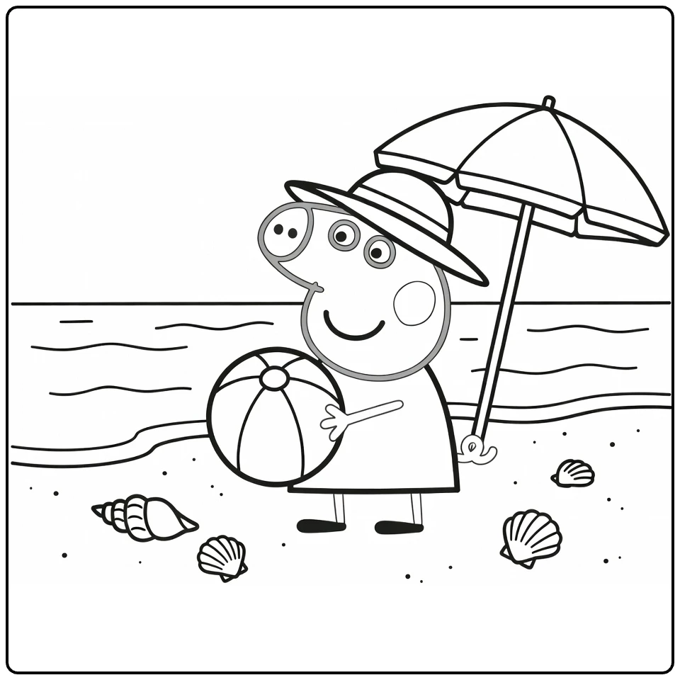 Peppa Pig kleurplaat strand met zonnehoed en bal