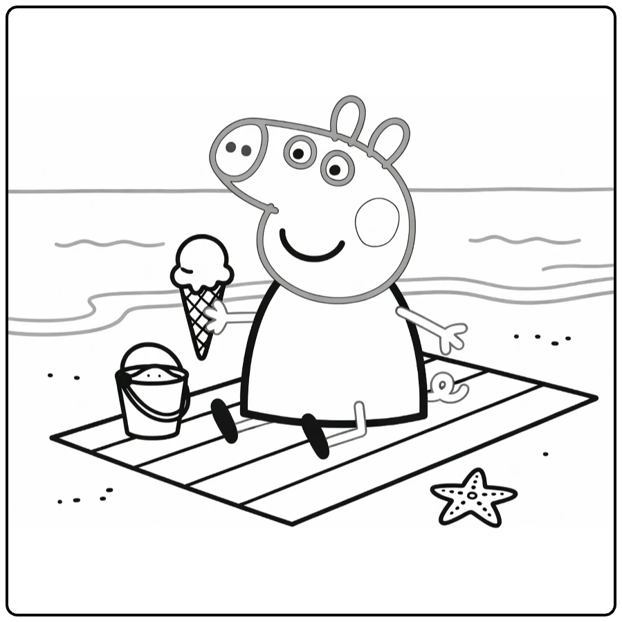 peppa pig kleurplaat strand met Peppa, ijsje en zeester