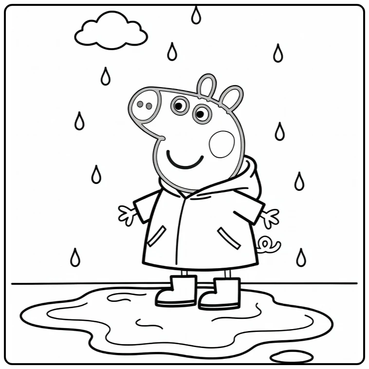 Peppa Pig Kleurplaat: biggetje in regenjas bij modderpoel