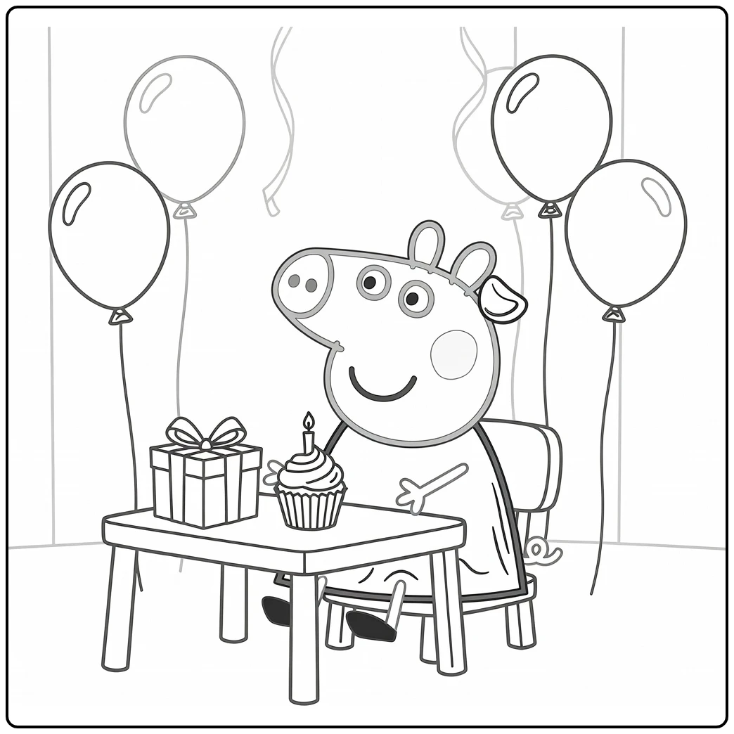 Peppa Pig Kleurplaat: Peppa aan verjaardagstafel met cupcake