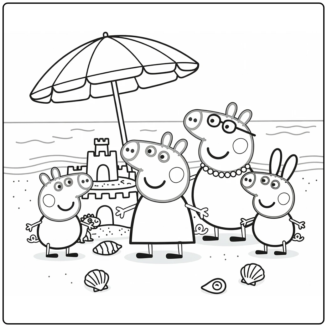 Peppa Pig Kleurplaat: Peppa en familie op strand