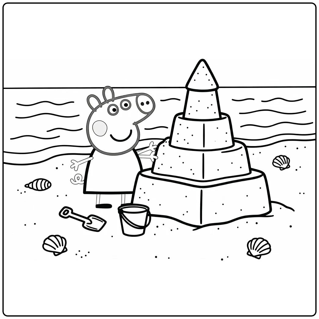 peppa pig kleurplaat strand: Peppa Pig bouwt zandkasteel met emmer