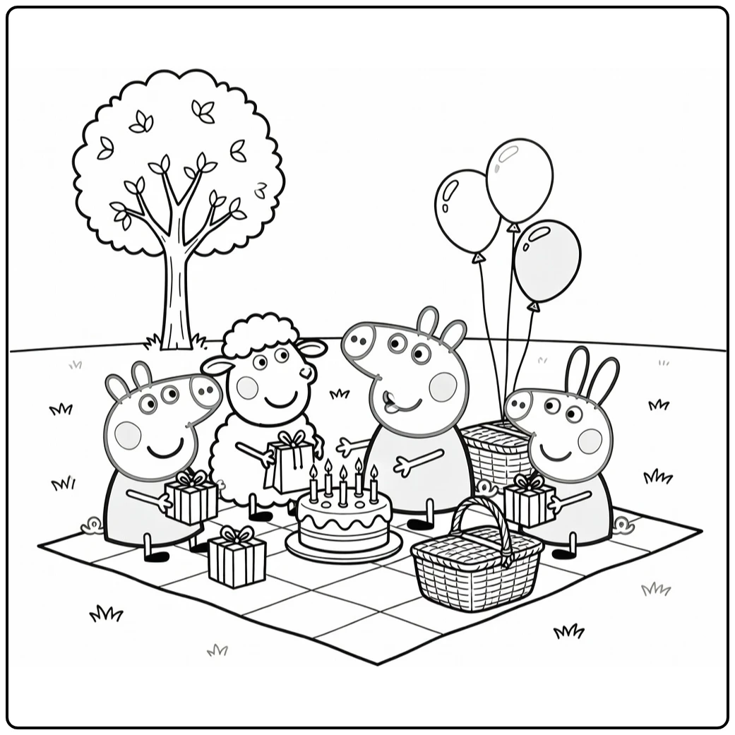 Peppa Pig Verjaardag Kleurplaat: picknick met taart en vrienden