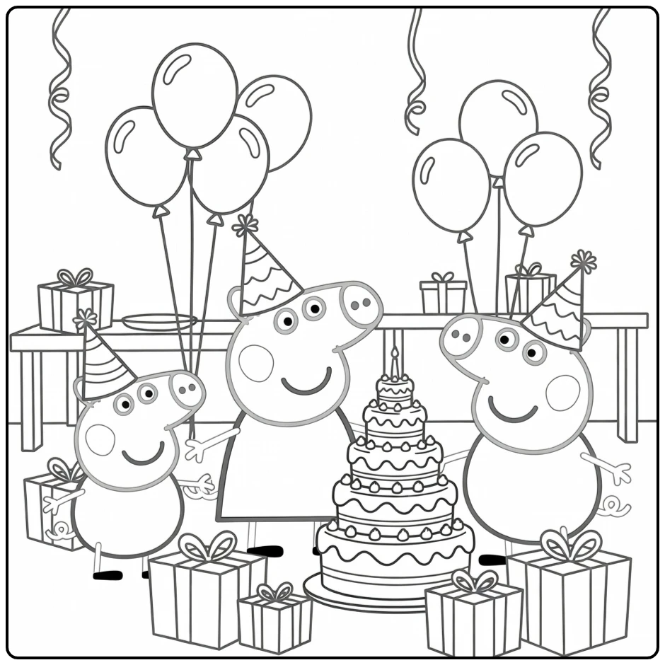 Peppa Pig Verjaardag Kleurplaat met taart en familiefeest