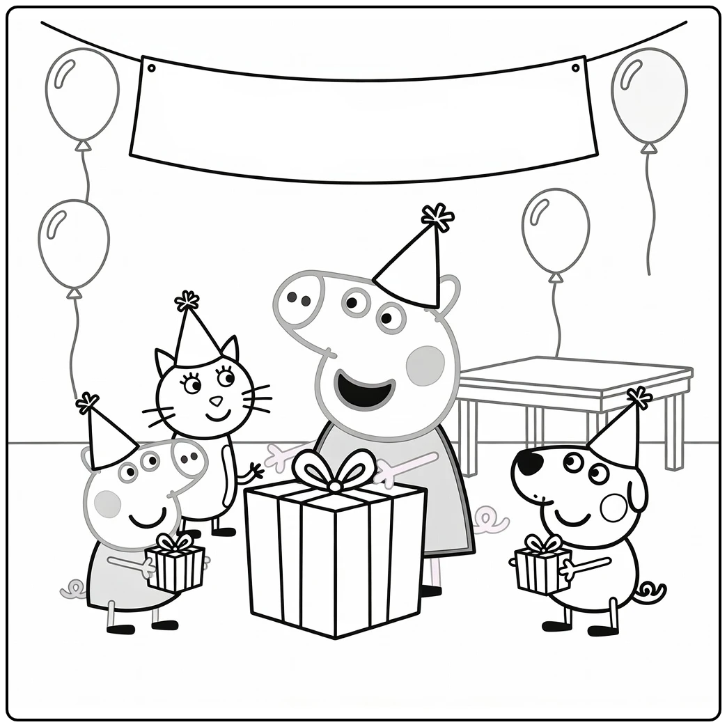 Peppa Pig Verjaardag Kleurplaat: Peppa opent cadeau met vrienden