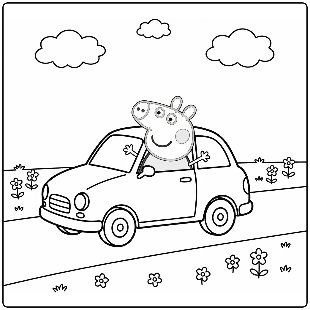 kleurplaat peppa pig auto met Peppa op landweg met bloemen