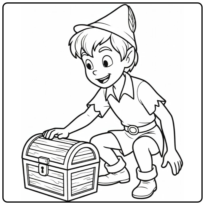 Peter Pan kleurplaat: hurkt bij schatkist, nieuwsgierig glimlachend