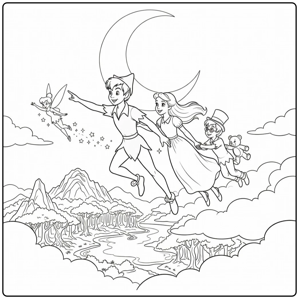 Peter Pan kleurplaat: leidt Wendy, John, Michael