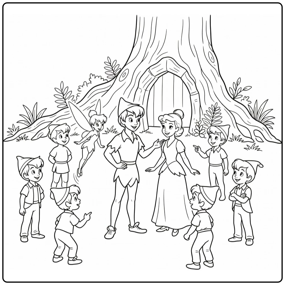 peter pan kleurplaat: Peter Pan in stil bos met Tinkelbel