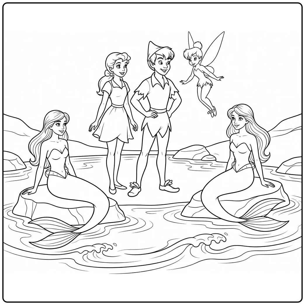 Peter Pan kleurplaat bij Zeemeerminnenlagune met Wendy en Tink